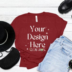 Boho Bella Canvas 3001 CARDINAL RED Shirt Mockup | Grunge Styled Tshirt | Fall tshirt Mockup | College tee Mockup | Back to School Mockups
