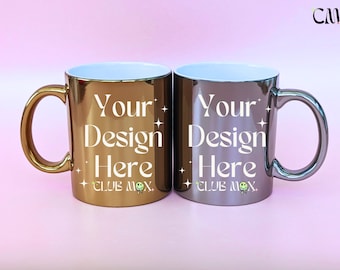 Metallic mug mockup, gold silver mug mockups, his & her styled coffee cup stock photo, matching 11oz mugs mock up, front and back mug mockup
