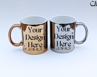 Metallic mug mockup, Gold silver mug mockups, His & her styled coffee cup stock photo, Matching 11oz mugs mock up, Front and back mug mockup