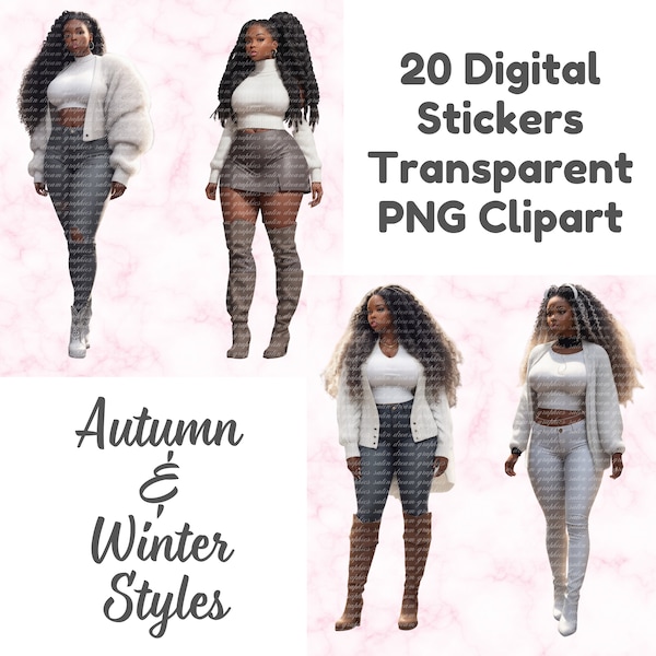 20 African American Black Women Natural Hair Gray White Autumn Winter Sweaters Skirts Jeans Boots Transparent PNG Files