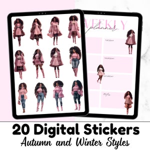 20 African American Black Women Natural Hair Pink Autumn Winter Clothing Digital Stickers Clipart PNG Transparent Files