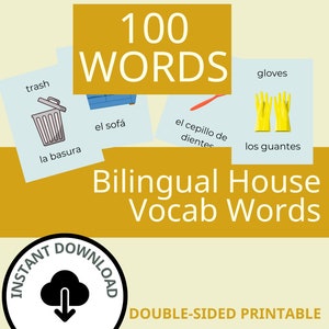 Zweisprachige Vokabelkarten für Kinder, Vokabeln, Spanisch Englisch, Homeschool Aktivität, Spanisch Englisch, Herunterladbare Haus Vokabelkarten