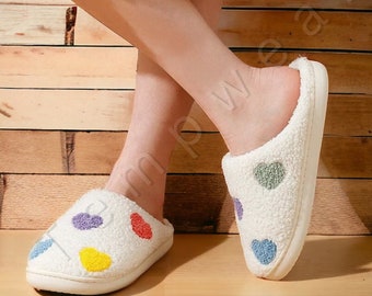 Rainbow Love Heart Cozy Slippers - Fluffy Love Slippers, Womens Cozy Slippers, Winter Slippers, White Slippers, Perfect Gift, Gift For Her