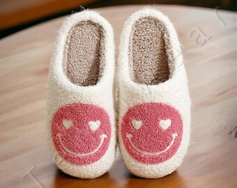 Roze Smiley Face Emoji Slippers - Gezellige slippers voor de winter, schattige pluizige slippers, perfect cadeau, huisslippers, huisslippers, cadeau voor haar