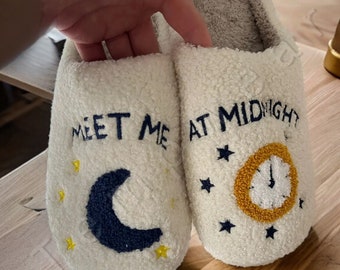 Cosy Midnight Slippers - Meet Me At Midnight Home Slippers, Fluffy Clock Slippers, Comfortable Bedtime Slippers, Moon Slippers, Gift For Her