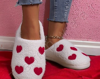 Love Heart Cozy Slippers - Fluffy Love Slippers, Womens Cozy Slippers, Red Heart Slippers, White Winter Slippers, Perfect Gift, Gift For Her