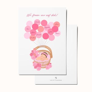 Personalisierbares Gästebuch Babyparty-Poster – Liebevolle Illustration mit Namen, Ballons & Baby im Korb (Babyshower it's a girl)