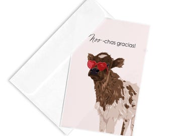 Kuh Karte Dankeschön – Humorvolle Klappkarte mit Text „Moo-chas Gracias!“ und Umschlag