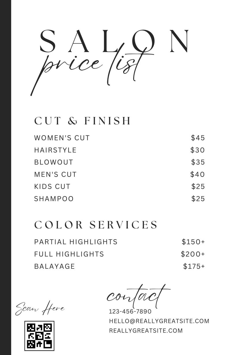 Salon Price List Template Modern Price List Black and White Price