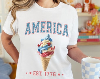 Women's USA Fourth of July T-shirt, July 4th Red White and Blue Tee, Ladies America 1776 Shirt, July 4th Vintage America Fireworks Shirt