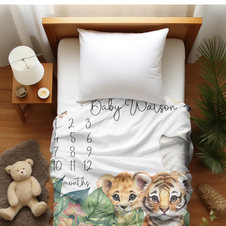 Personalized Jungle Themed Milestone Baby Blanket First Year, Gender ...