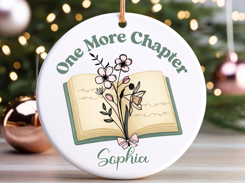 Chapter Swirls Personalized Book Birth Flower Ornament | Custom Name Reading Ornament ...