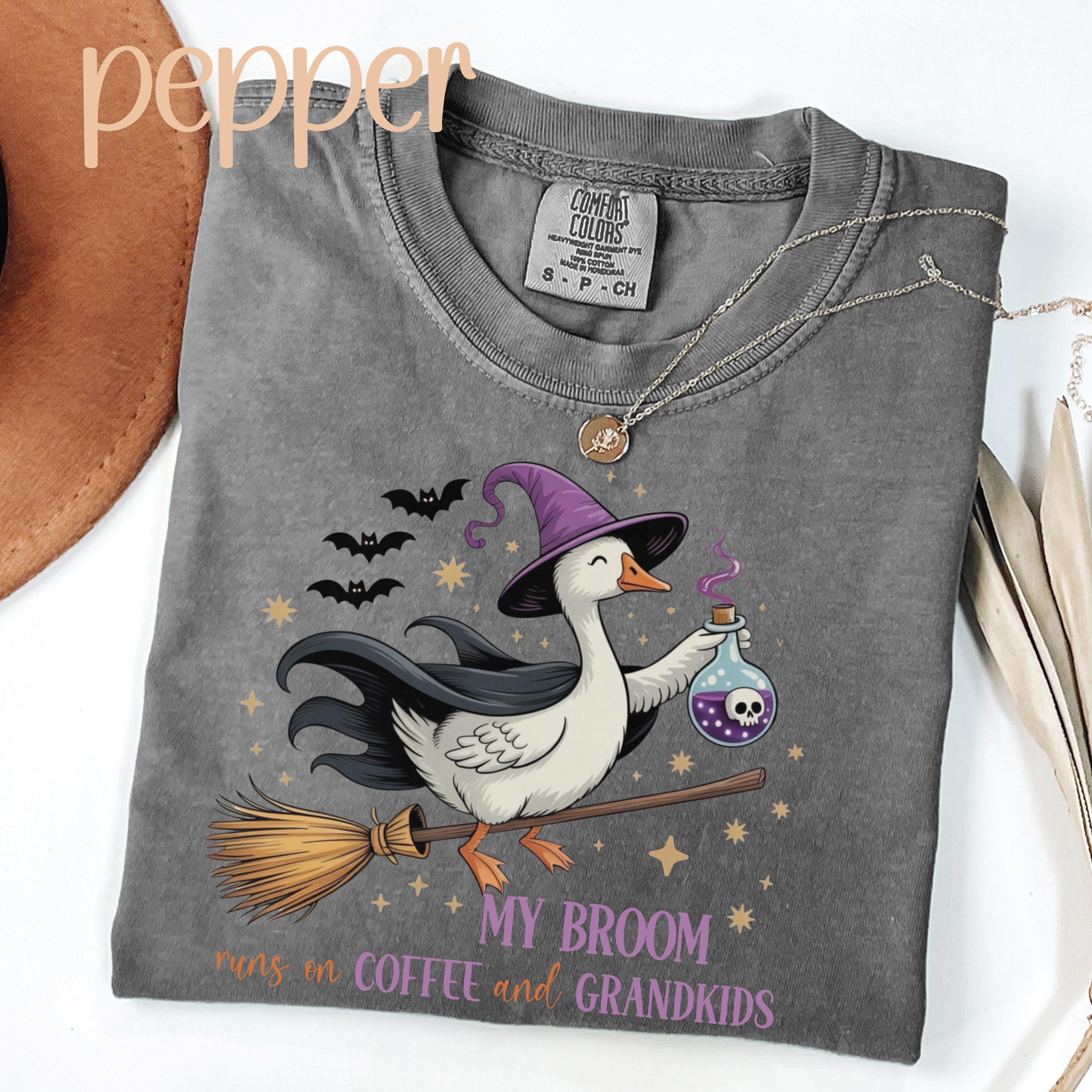 Grandma Halloween T-Shirt, Comfort Colors Goose Witch Shirt, Coffee lover Tshirt, Summerween Fall tee, hat broom funny top mimi nonna birdie