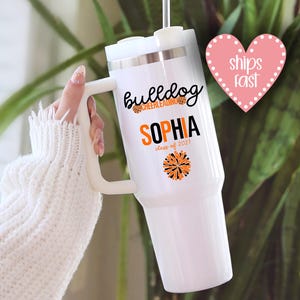 Personalized Cheer 40oz Tumbler gift for cheerleading lover, pom poms name team colors travel mug, mascot cheerleader to go cup, class of
