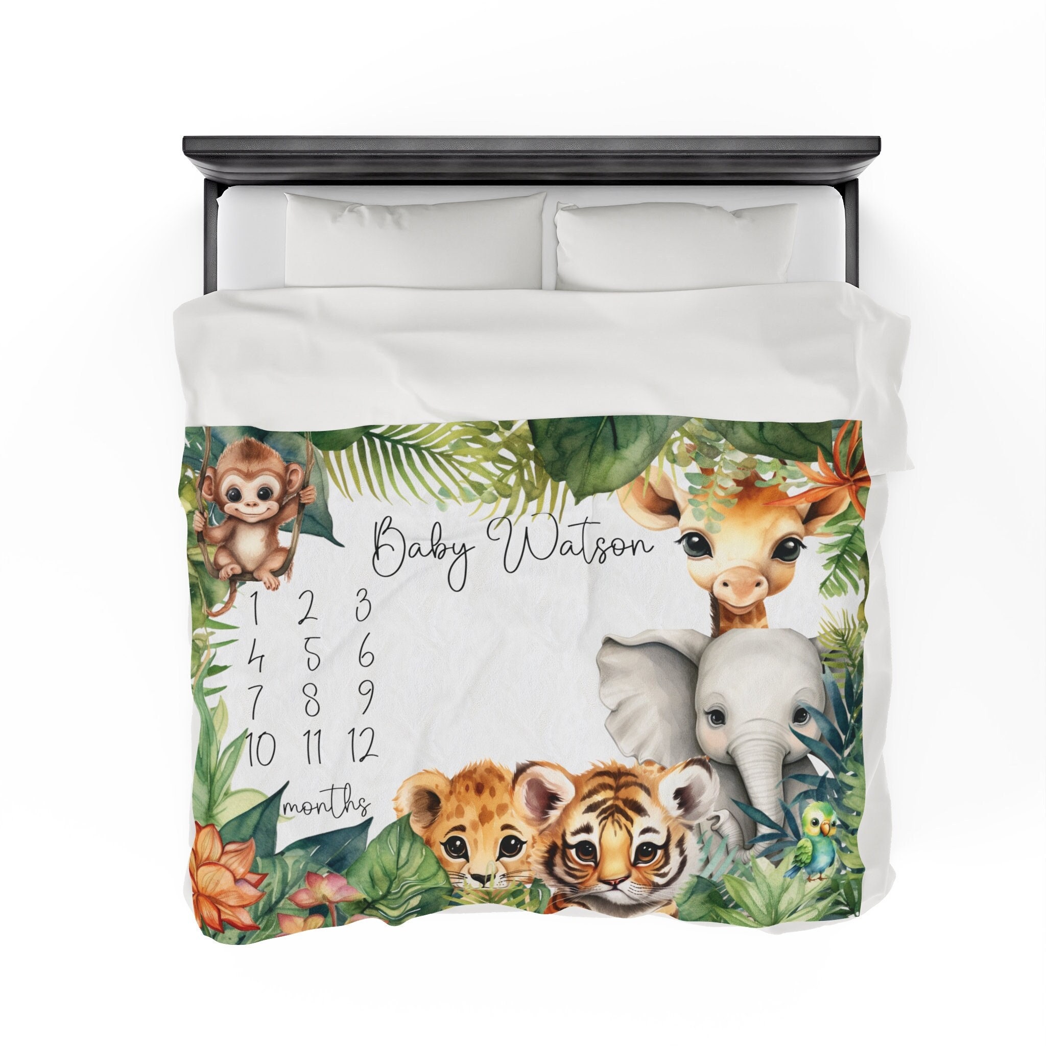 Personalized Jungle Themed Milestone Baby Blanket First Year, Gender ...