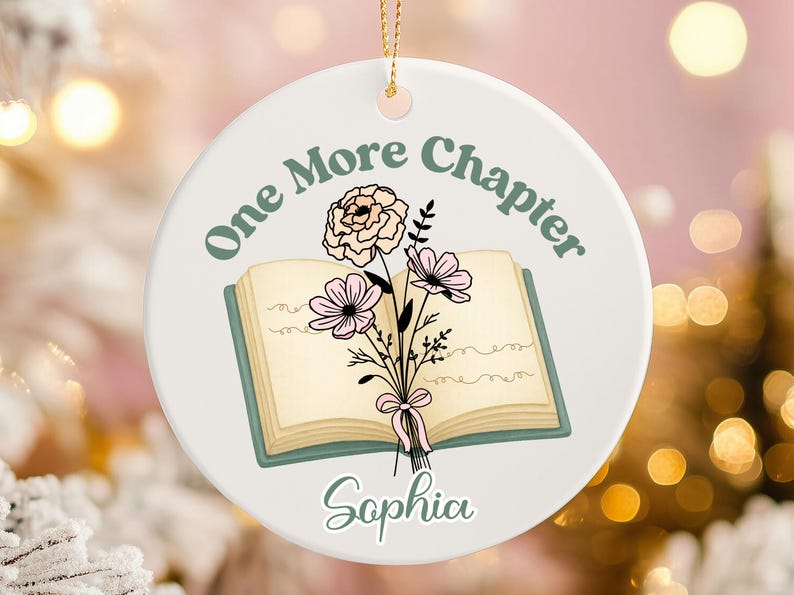 Chapter Swirls Personalized Book Birth Flower Ornament | Custom Name Reading Ornament ...