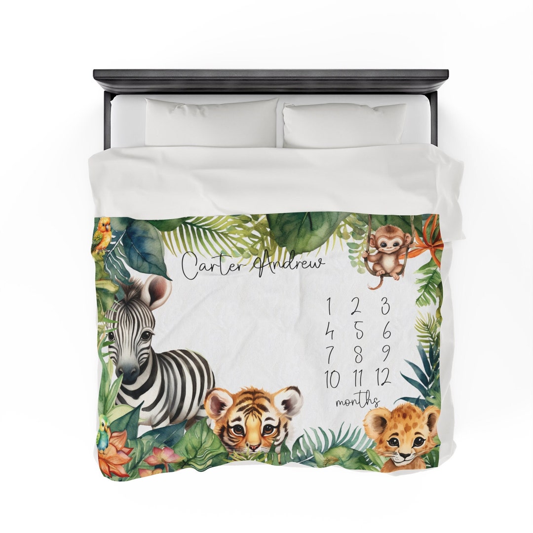 Personalized Jungle Themed Milestone Baby Blanket First Year, Gender ...