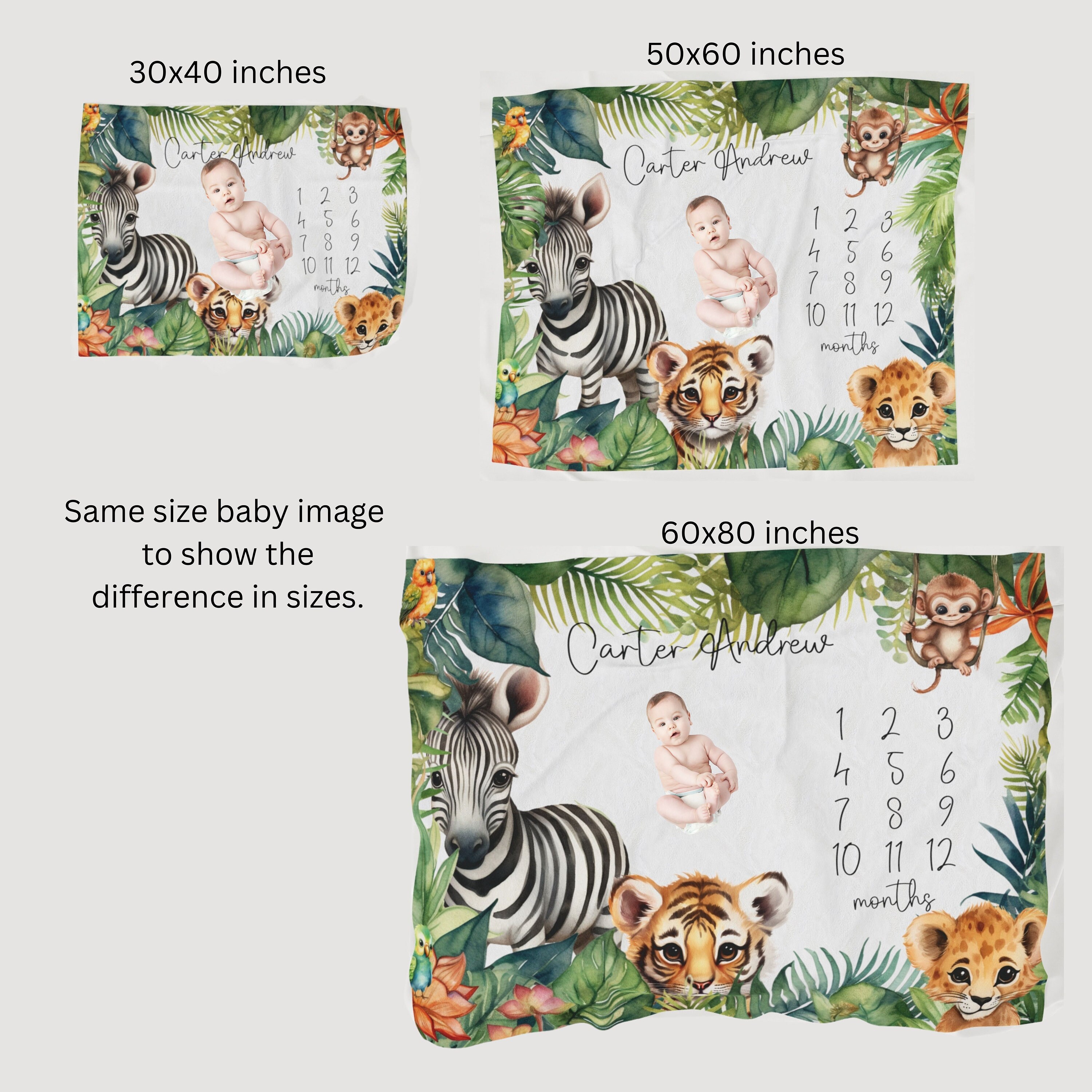 Personalized Jungle Themed Milestone Baby Blanket First Year, Gender ...