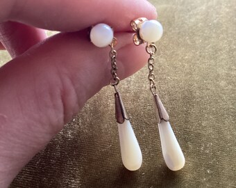 2 5/8” Dangling Mother of Pearl Teardrop Earrings, Butterfly Back, Vintage 1970s New Old Stock