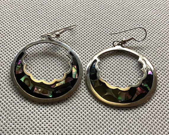 Vintage 1970s Mexican Abalone & Alpaca Silver Inlay Earrings