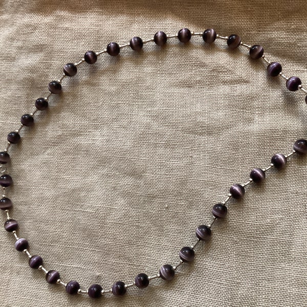16” Silver Tube (Licorice) and Cat’s Eye Glass Beads Necklace, Dark Purple, Vintage 1970s New Old Stock