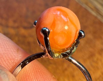 Vintage Taiwanese Pink Coral Solitaire Ring Rhodium Sterling Silver 1970s