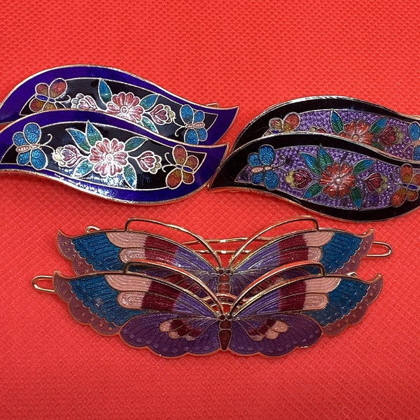 Pair of Gorgeous Hand Painted Cloisonne Hair Barrettes, Floral, Butterflies, Vintage 1970s But New