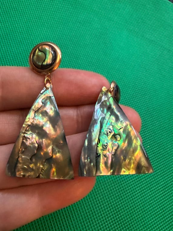 Paua Abalone Shell Triangle Earrings in Green, Bl… - image 2