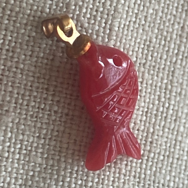 Miniature Fish, Hand Carved Coral Charm Vintage 1970s New Old Stock Red