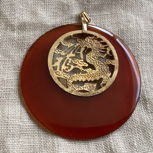 Dragon and Mandarin “Good Luck” in Transluscent Carnelian Large Pendant/Medallion, Gold Plate, Vintage 1960s Year of Dragon New Old Stock