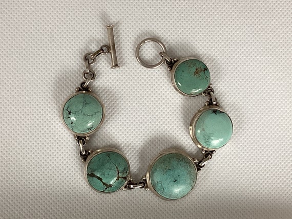 7” Genuine Turquoise Cabachon and 925 Sterling Si… - image 1