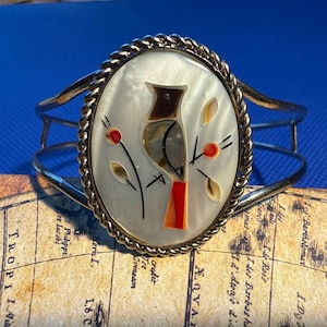 Vintage 1960s Handmade Bird Inlay Adjustable Cuff Bracelet - Taipei