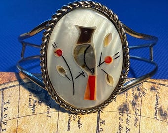Vintage 1960s Handmade Bird Inlay Adjustable Cuff Bracelet - Taipei