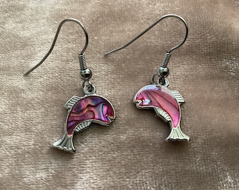 Pink Paua Shell Abalone Fish Earrings