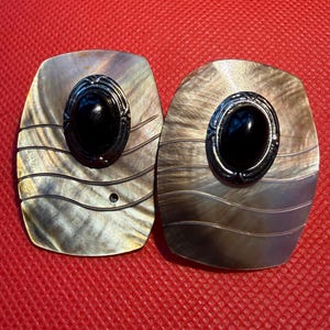 Vintage 1970s Abalone & Black Onyx Statement Earrings - Convertible NOS