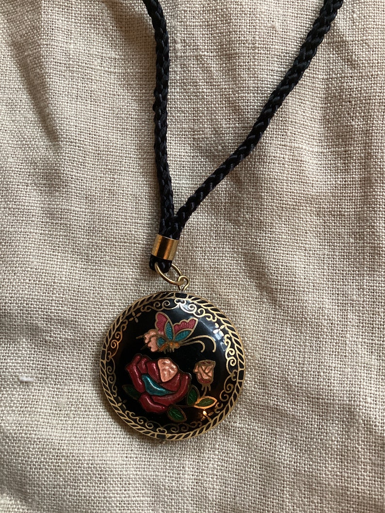 Vintage Cloisonné Doublesided Pendant Necklace, Roses and Butterfly on