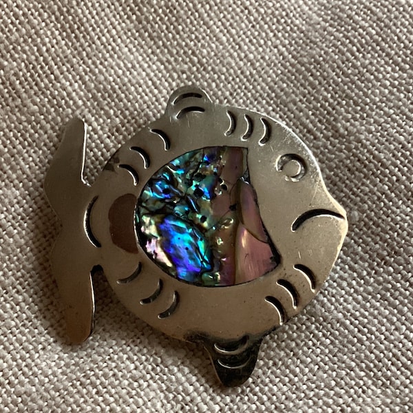 Grumpy Fish Pin, Abalone Shell Inlay and Alpaca Silver Mexico, Collectible, Vintage New Old Stock