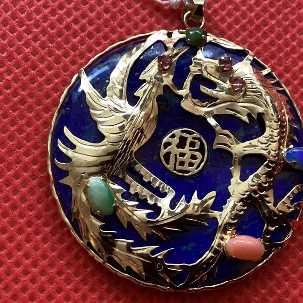 Vintage 1980s Solid 14K Gold Lapis Lazuli Dragon Phoenix Pendant Ruby Opal Coral Jade 35mm