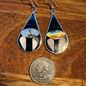 May include: Silver teardrop earrings featuring black enamel, iridescent abalone shell, and white details. The earrings are shown with a US quarter for scale. Each earring has a hook fastening. The earrings are approximately 5 cm long.