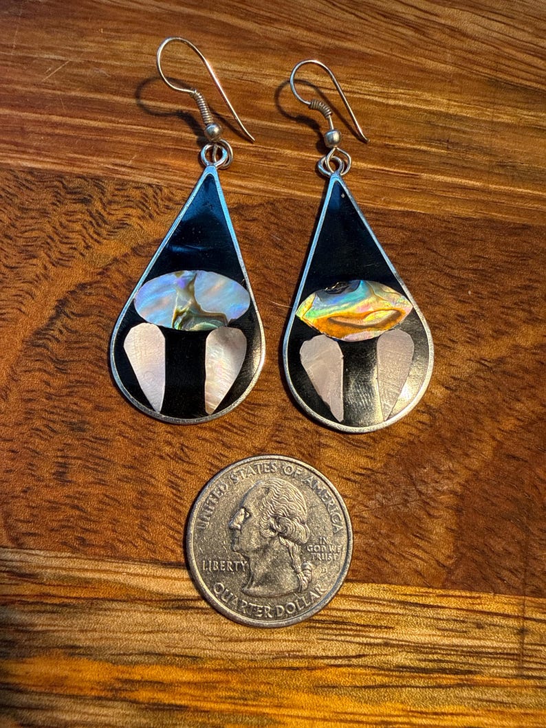 May include: Silver teardrop earrings featuring black enamel, iridescent abalone shell, and white details. The earrings are shown with a US quarter for scale. Each earring has a hook fastening. The earrings are approximately 5 cm long.