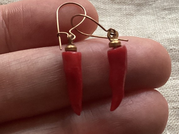 Coral Italian Horn Cornicello Earrings or Convert… - image 1