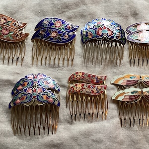 Vintage But New, Hand Painted Cloisonne Hair Combs, Floral, Butterflies, 1970s New Old Stock