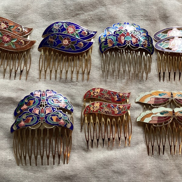 Vintage But New, Hand Painted Cloisonne Hair Combs, Floral, Butterflies, 1970s New Old Stock