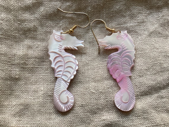 2” Mother of Pearl Seahorse Earrings, Purple High… - image 1