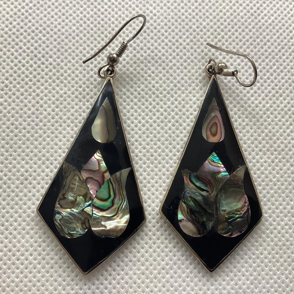 Vintage Mexican Abalone Inlay Kite Earrings Alpaca Silver Flower Design