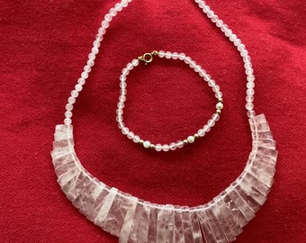 Vintage 1970s Rose Quartz Fringe Necklace and Pearl Accent Bracelet Set, NOS