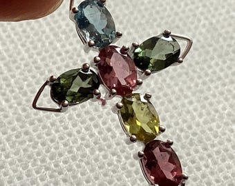 Vintage 14k Gold Multicolor Turmalin Edelstein Kreuz Anhänger