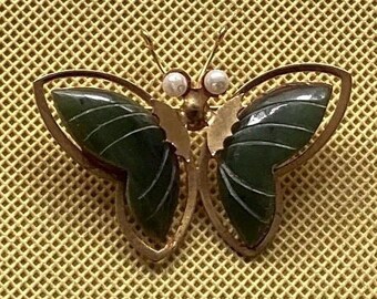 Vintage 1960s Speckled Jade Butterfly Brooch - NOS