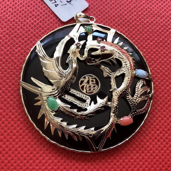 Vintage 1980s Solid 14K Gold Black Onyx Dragon Phoenix Pendant Ruby Jadeite Opal 50mm