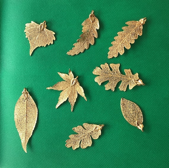 Real Leaf Pendants in Gold: Birch, Elm, Cottonwood, Holly, Bay